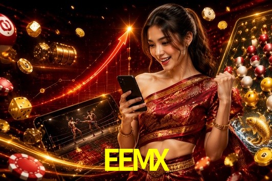 Una escena digital vívida inspirada en casino con EEMX mostrado prominentemente, luces brillantes, fichas, cartas y acentos dorados.