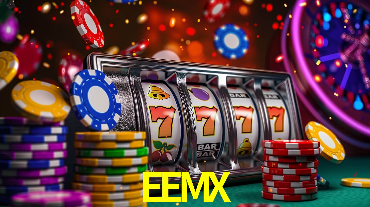 Escena dinámica inspirada en casino con iluminación EEMX, cartas, fichas e íconos de juegos digitales en un espacio moderno de juegos.