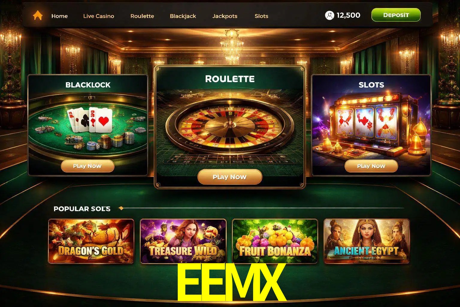 Vista de la plataforma EEMX Casino mostrando categorías organizadas de juegos en línea