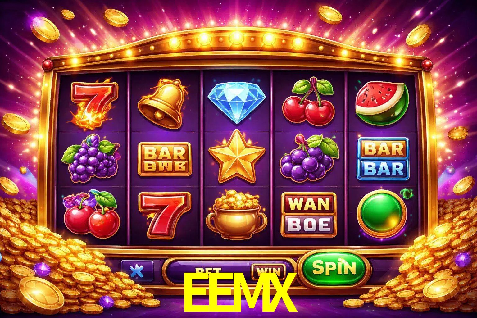 Una interfaz colorida de tragamonedas en línea con símbolos brillantes, monedas y un efecto de victoria celebratoria en EEMX.
