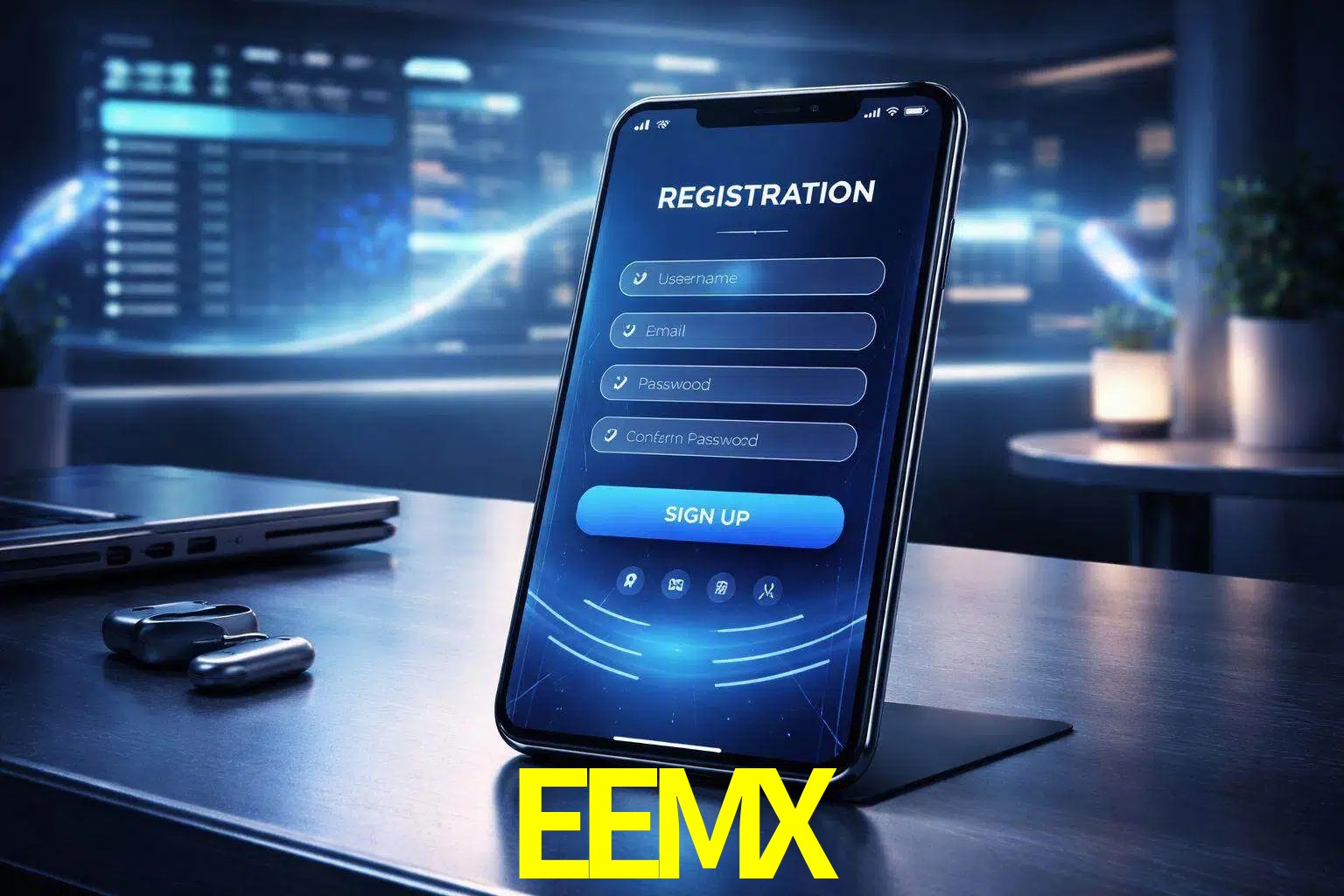 Una interfaz moderna de registro móvil para EEMX mostrada en un smartphone con un panel de apuestas elegante.